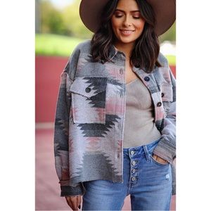 ROAMING FREE BOHO WESTERN AZTEC SHACKET - PINK AND GREY